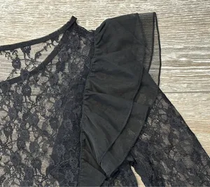 NWT SHEIN Sz S Sheer Black Lace Top w Ruffle Accents Cute! thumbnail 6