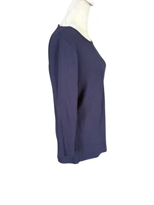 Talbots solid navy blue 3/4 sleeve pullover boat neck stretchy top size medium thumbnail 3