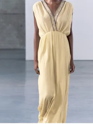 Zara NWT embellished beaded trim light yellow Sleeveless Maxi Dress thumbnail 4
