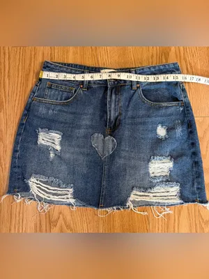 PacSun Light Blue Denim Distressed Mini Skirt with Heart Appliqués size 28 thumbnail 7