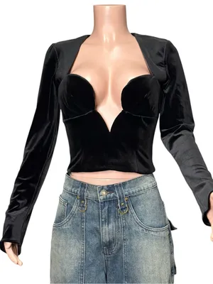 HOUSE OF CB Sierra Long Sleeve Plunge Corset, Black Velvet, Small thumbnail 5
