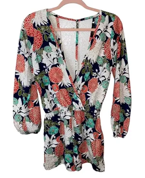 Oober Swank Floral‎ Romper Small Long Sleeve Surplice V Neck Navy Boho Women's thumbnail 1