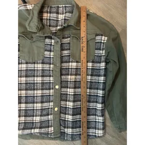 Womens Coats Size Large Cufflink Cotton Denim Plaid Shirt Jacket Army Green thumbnail 3