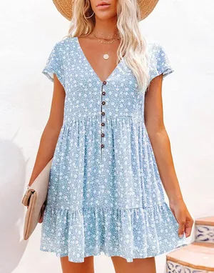 Medium Light-Blue Women Sundress, Floral V-Neck Button A-Line Mini Dress, Spring Summer thumbnail 1