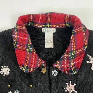 CB Career Sweater‎ Vest Womens Large Black Snowman Plaid Collar Ugly Christmas thumbnail 5