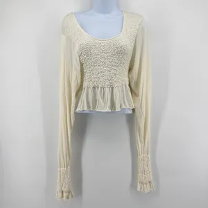 Free People Free Spirit Smocked Crop Top S Ivory Cream Peplum Ruffle Knit Blouse thumbnail 4