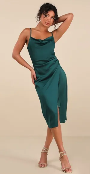 NWT Lulus Hollywood Woman Forest Green Satin Midi Dress Party Wedding Holiday L thumbnail 1