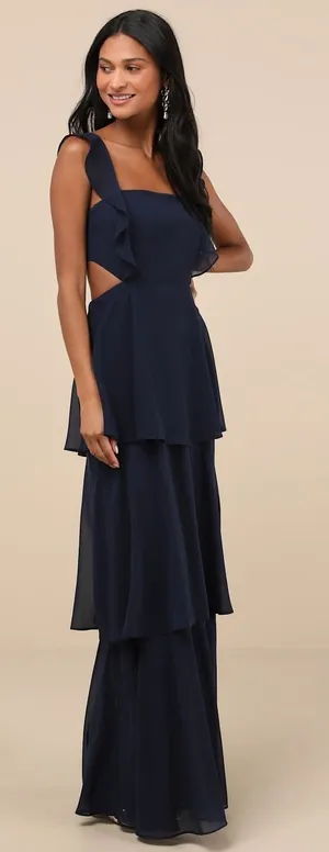 NWT Lulus Elegant Event Navy Ruffled Tie-Back Tiered Maxi Dress Bridesmaid Sz S thumbnail 1