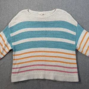 LOFT Women's Large Striped Knit Sweater Top Teal Orange Pink Drop Shoulder Boxy thumbnail 1