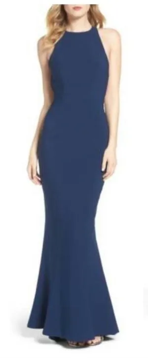 Maria Bianca Nero Ruffle Low Back Mermaid Gown IN NAVY thumbnail 1
