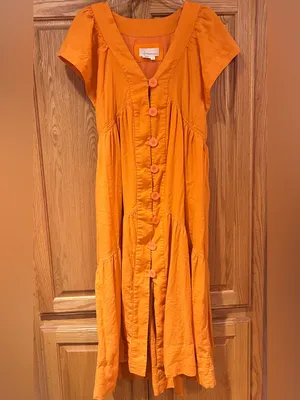 Reneé Flutter-Sleeve Linen Button-Front Midi Dress Pockets Orange Size Medium thumbnail 7