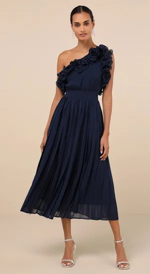 NWOT Lulus Splendid Charisma Navy One-Shoulder Pleated Midi Dress Size L thumbnail 1
