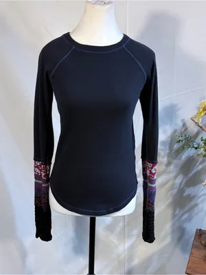 Free People Mixed Up Cuff Thermal Top Waffle Knit Boho Pattern Knit Cuff Sz S🧡 thumbnail 13