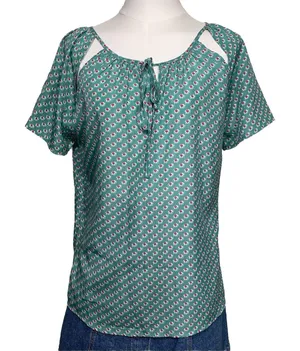Tulle Elephant Print Blouse Women Small‎ Teal Green Tie Neck Shoulder Cutout Top thumbnail 1