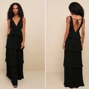 LULU's Prom Wedding Bridesmaid Pleated Tiered Ruffles Black Maxi Dress thumbnail 4