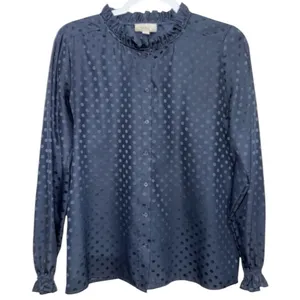 LOFT Navy Blue Ruffled Collar Polka Dot Button Down w/ Gathered Long Sleeves thumbnail 1