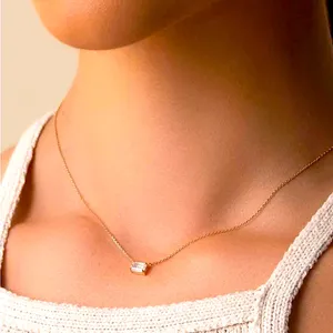 NEW Minimalist Gold Necklace with Simulated‎ Diamond Emerald Cut Pendant, 16-18” thumbnail 1
