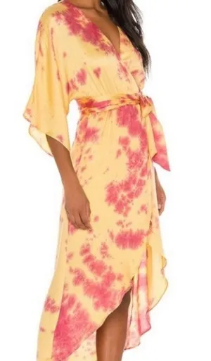 Privacy Please Faux Wrap Dress Small Yellow Tie Dye Summer Hippie Beachy thumbnail 1
