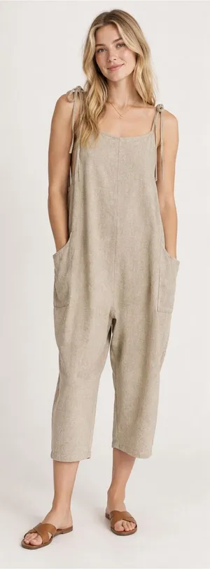 Altar’d State Linen Blend Tie-Shoulder Jumpsuit Oatmeal Size XL thumbnail 1