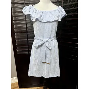 Michael Kors Women's Blue/White Striped Off Shoulder Ruffled Dress S NWT thumbnail 2