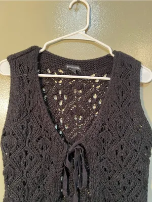 Pretty Little Thing Women's Sz Medium Tie Front Crochet Vest Black Festival Boho thumbnail 2