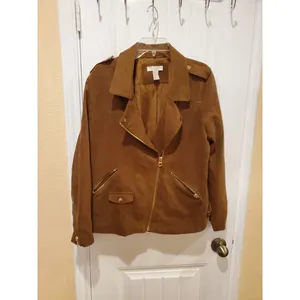 H&M womens biker jacket size US 14 brown zip long sleeve solid thumbnail 2