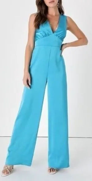 Lulu's Remarkable Style Blue Satin Twist-Back Cutout‎ Wide-Leg Jumpsuit thumbnail 1