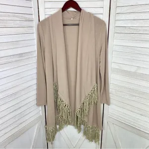 Boho‎ Fringe Hem Waterfall Cardigan Knit Khaki Tan Small Open Front Long Sleeve thumbnail 7