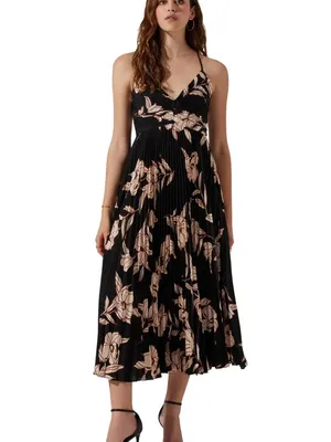 ASTR The Label Blythe Dress in Black Floral Pleated MIDI‎ Strappy Open Back S thumbnail 3