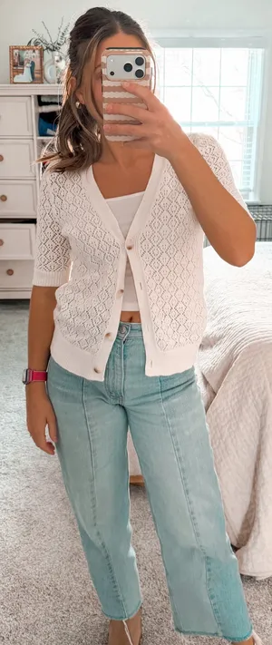 Loft White short sleeve knit button up top thumbnail 1