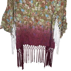 BKE Gimmicks Boho Hippie Floral Kimono Cardigan Fringe Ombre Sheer‎ Festival M thumbnail 5