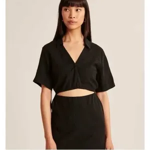 Abercrombie & Fitch Black Linen Blend Wrap Dress Collared Short Sleeve Cutout‎ S thumbnail 6