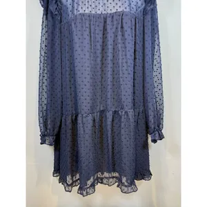 Sheer Navy Blue Dotted Tier Ruffle Dress Long‎ Sleeves Size L Romantic Whimsy thumbnail 2