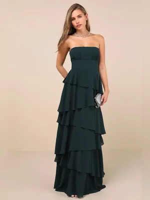 NWT Lulu’s Gorgeous Essence Emerald Strapless Tiered Maxi Dress plus bridesmaid thumbnail 9