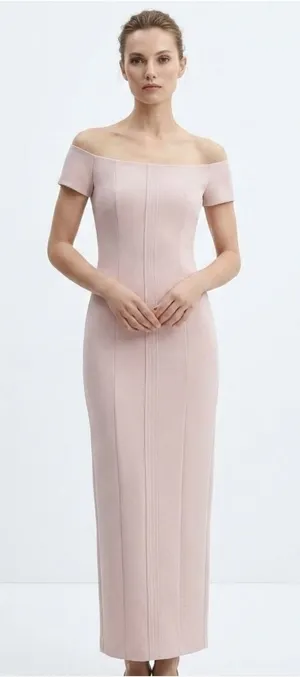 NEW ZARA Off the Shoulder Bodycon Midi Dress XSMALL pale Pink XS thumbnail 1