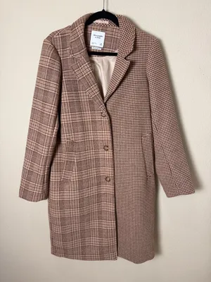 Abercrombie & Fitch The A&F Dad Coat Mixed Plaid Jacket Camel Tan Size Medium thumbnail 4