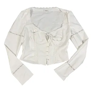 Mistress Rocks Lace Trim Tie Front Top Womens Medium White Bell Sleeve Corset thumbnail 10