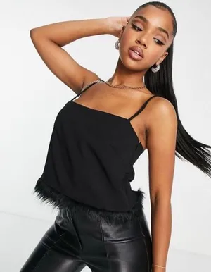 ASOS Urban Revivo Faux Fur Feather Square Neck Camisole Crop Tank Top Size 8 thumbnail 1