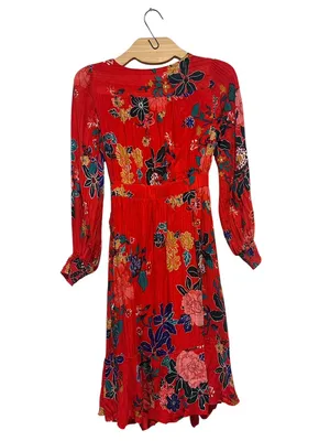 Anthropologie Boswell Textured Red Floral Surplice Neckline Faux Wrap Dress 0P thumbnail 4