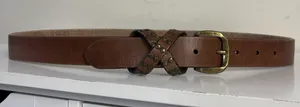 Lucky Brand Studded Leather Belt Women’s L Brown Brass Tone Buckle Boho Western thumbnail 1