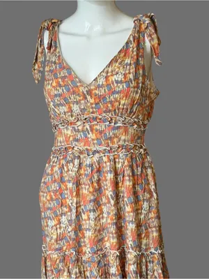 Gypsies & Moondust Tie-Shoulder Mini Dress in Orange, Blue & Cream thumbnail 2
