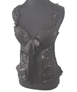 Sexy Witch Black Faux Lace Up Whimsigoth Coquette Dark Fairy Smocked Back Tank thumbnail 1