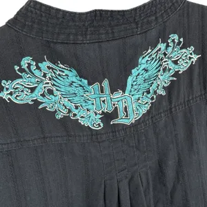 Harley Davidson 100% Cotton Black Blue Embroidered Short‎ Sleeve Button Up Top L thumbnail 5