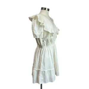 Lauren Conrad‎ Cream Ruffle Mini Dress Cottagecore Romantic V Neck Sz M thumbnail 3