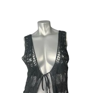 Black Crochet Fringe Vest Boho Chic Fairycore Knit Festival Tassels Badass Small thumbnail 7