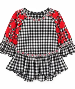 Anthropologie Panknj & Nidhi Tunic Women Medium Black Gingham Red Floral Peplum thumbnail 1
