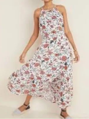 NEW Old Navy Small White Floral Halter Waist Defined Braided Strap Maxi Sundress thumbnail 4