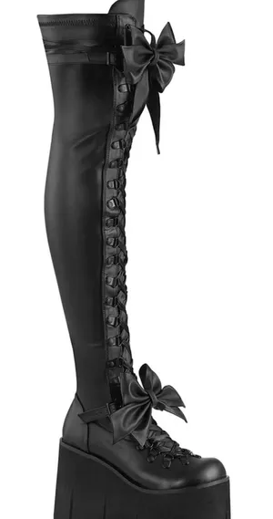 Demonia Kera 303 Black Over-The-Knee Lace-Up Platform Boots with Bows thumbnail 1