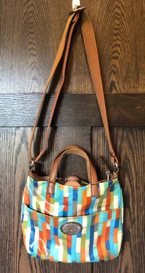 Fossil Crossbody Bag Calypso Key-Per Purse Multi Color Block Coated Canvas Brown thumbnail 1