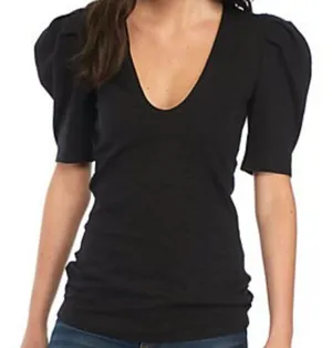 Free People Ellery Puff 3/4 Sleeve V Neck Top Size Large Black thumbnail 1